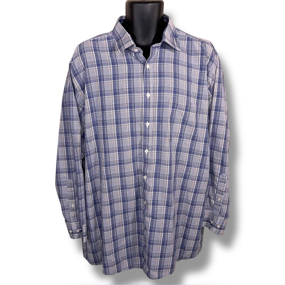 Size 18 Stafford Regular Fit Button Up Plaid Dress Shirt Mens Blue Gold White